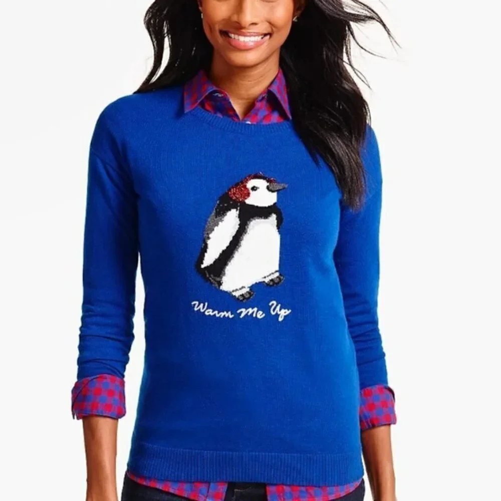 Talbots Blue Tinsel Penguin Intarsia Sweater